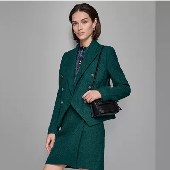 NWT KARL LAGERFELD PARIS Women's Tweed Double Breasted Blazer Dark Green 10 - Picture 12 of 13